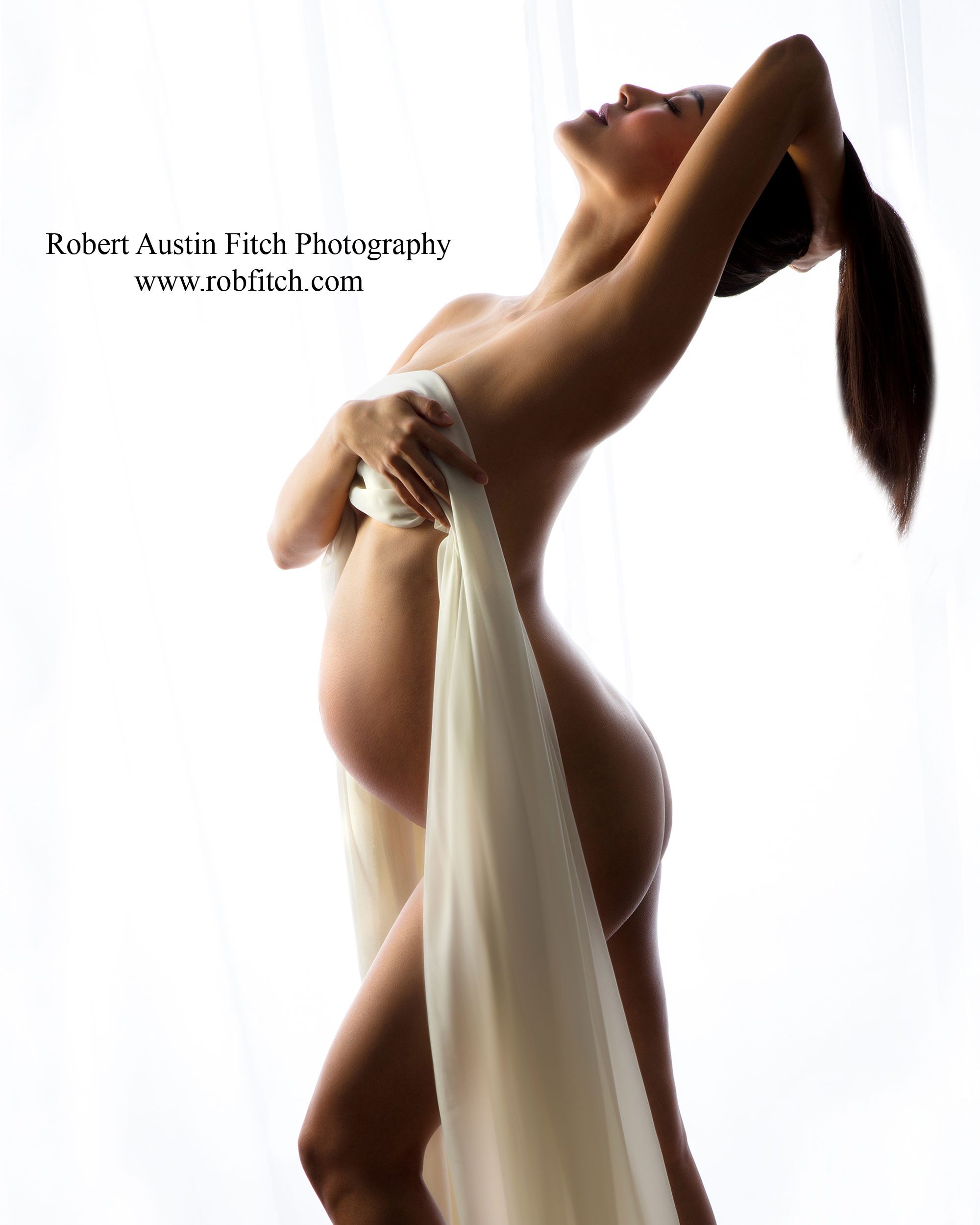 Fine Art Nude maternity Photo of Pregnant Woman with white sheer fabric 
